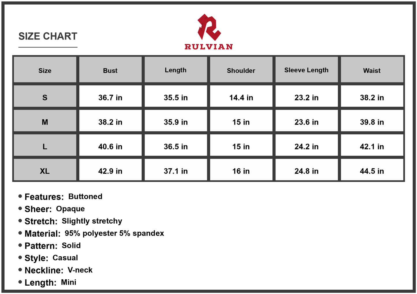 Size Chart - Women's Button Down V Neck Mini Dress Casual Solid Long Sleeve A Line Hem Comfortable Everyday Wear for Casual Outings