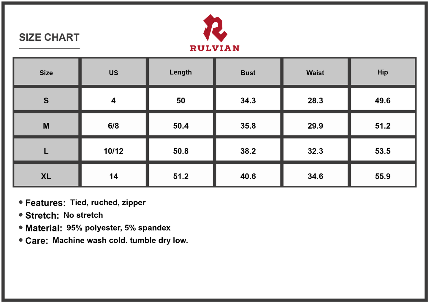 Size Chart - Women's Printed Halter Neck Cami Dress with Tie Ruched Detail and Partial Lining 95% Polyester 5% Spandex Fabric