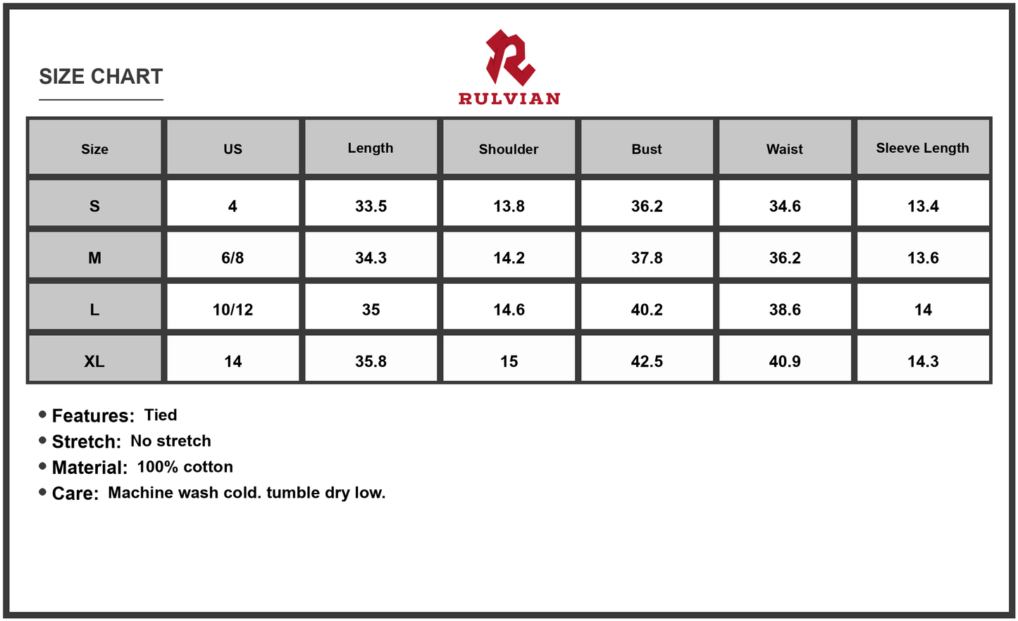 Size Chart - Womens V Neck Front Tie Mini Dress with Puff Sleeves 100% Cotton Lightweight Everyday Wear versatile daily essential