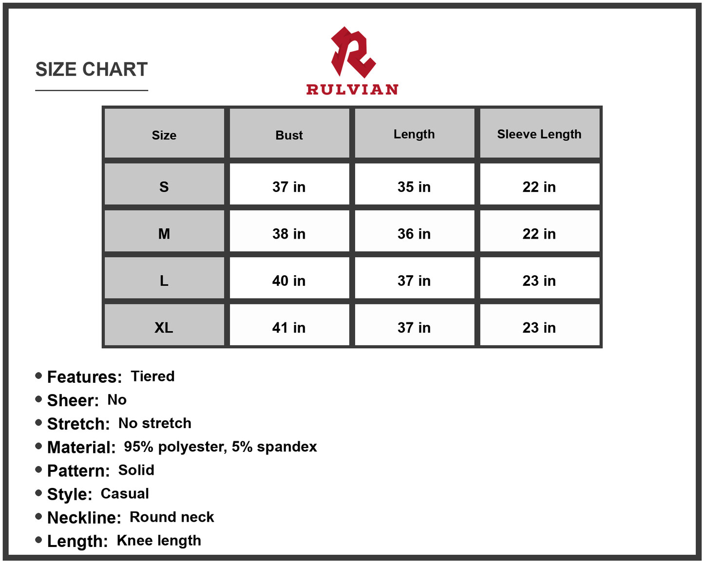 Size Chart - Women's Balloon Sleeve Keyhole Tiered Dress Round Neck with Ninety Five Percent Polyester and Five Percent Spandex