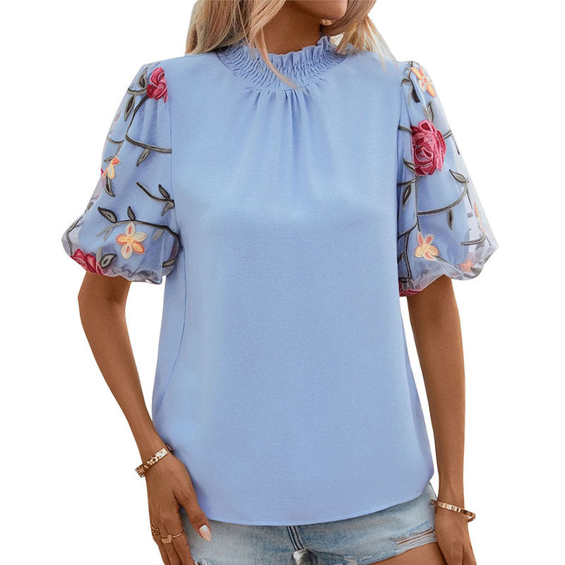 Men's Short Sleeve Embroidered Mesh Shirt in Blue 100% Polyester with Spliced Grid Design for Everyday Wear