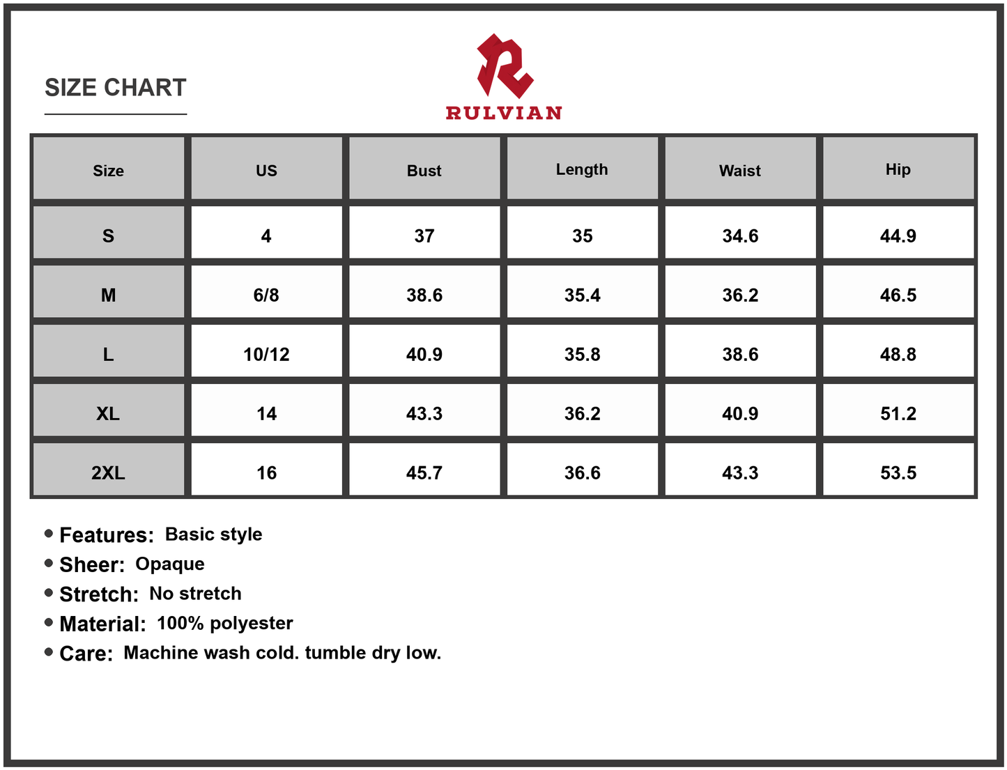 Size Chart - Women's Printed Grecian Neck Mini Dress 100% Polyester fabric Flattering Silhouette for Day to Night Looks Everyday