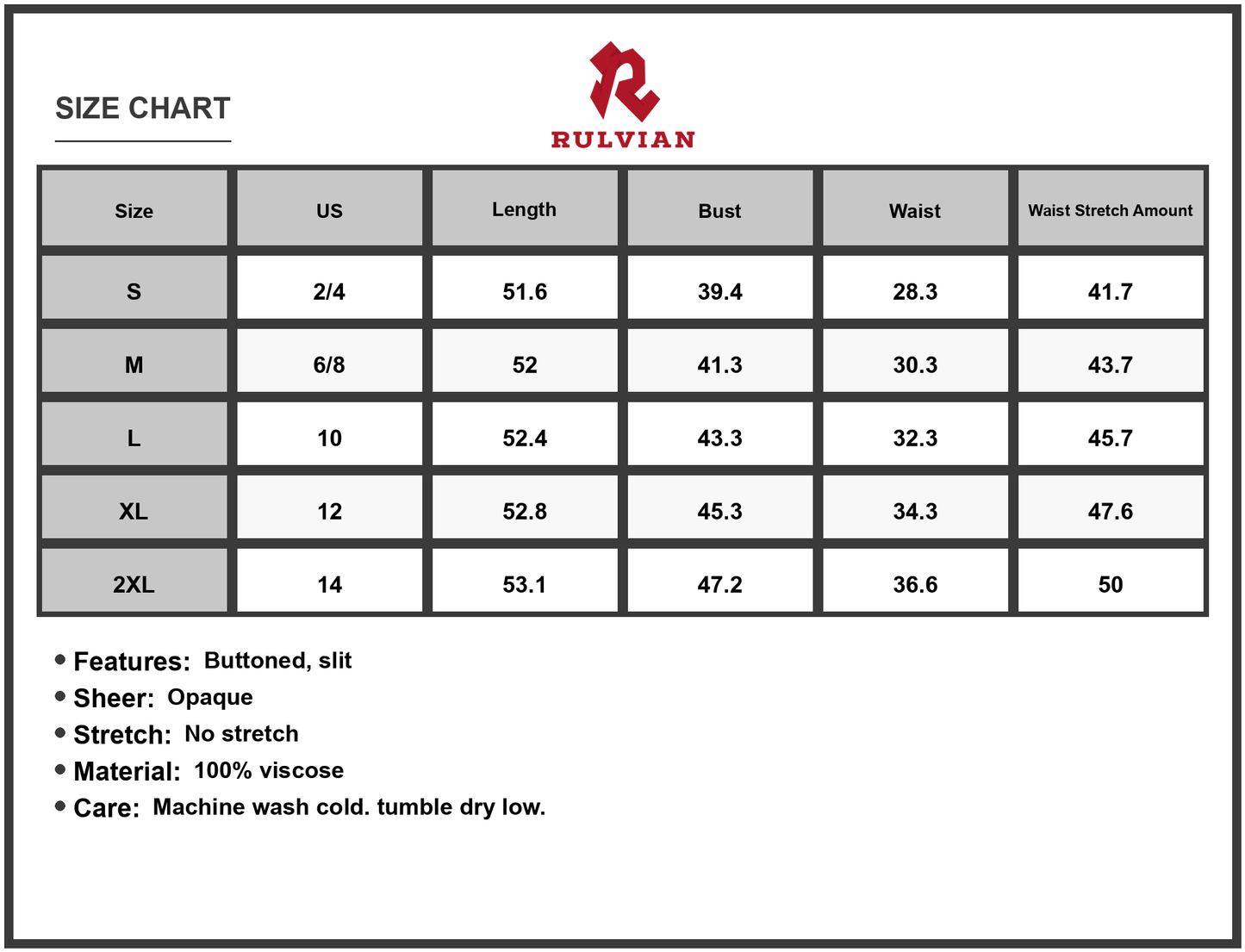 Size Chart - Women's printed V Neck short sleeve midi dress with buttoned slit and sheer detail one hundred percent viscose fabric