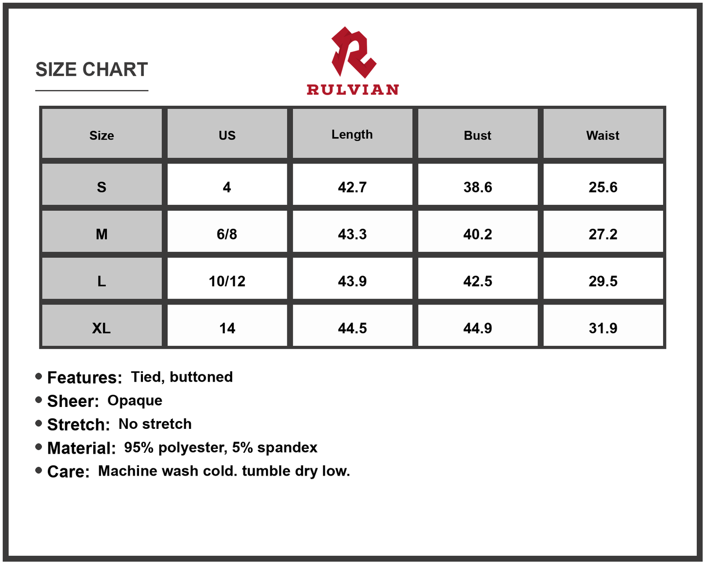 Size Chart - Women's Buttoned Tie Waist Short Sleeve Dress With Opaque Overlay 95% Polyester 5% Spandex Breathable Easy Care