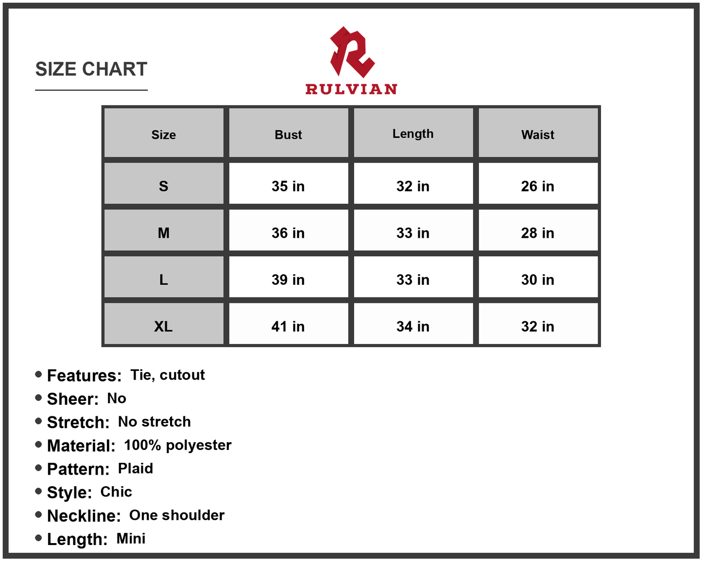 Size Chart - Men's Grid One Shoulder Tied Cutout Mini Dress Plaid Chic Casual Sleeveless Fabric 100% Polyester Casual Everyday Wear