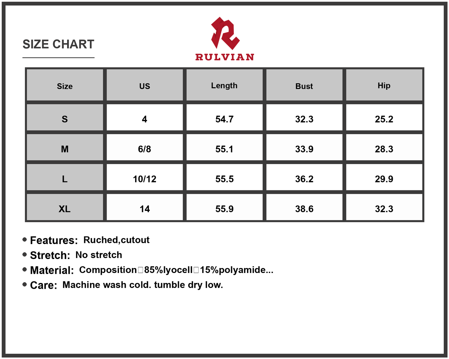Size Chart - Women's Cutout V Neck Sleeveless Midi Dress with Ruched Detailing 85% lyocell 15% polyamide Lining 100% polyester
