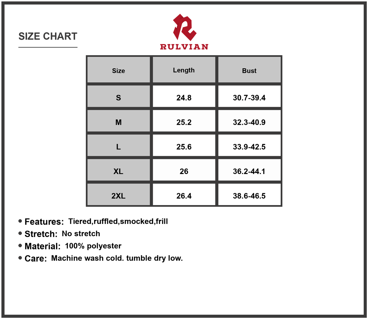 Size Chart - Women's Printed Tie Strap Tiered Mini Dress with Frill Smocked Details Lined for Comfort 100% Polyester Fabric