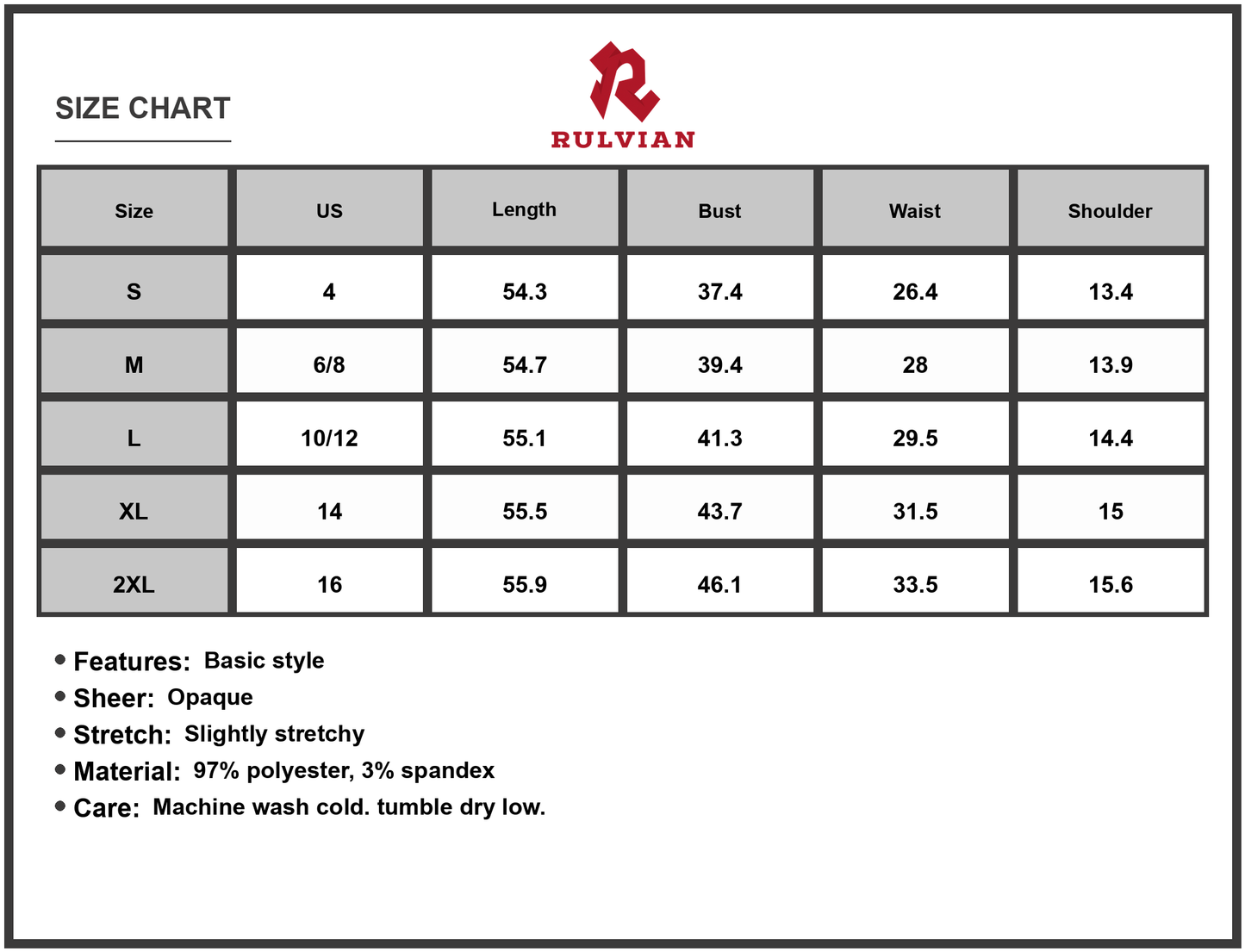 Size Chart - Women's Ruched Notched Sleeveless Midi Dress 97% Polyester 3% Spandex with Slight Stretch for Day to Night Wear