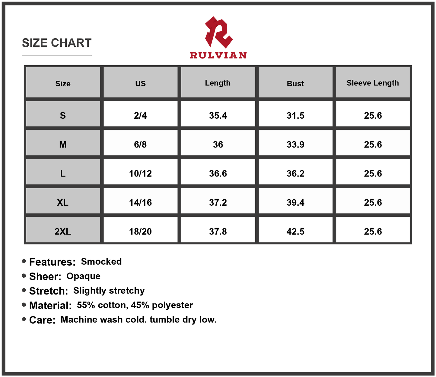 Size Chart - Women's Double Take Texture Smocked Balloon Sleeve Mini Dress 55% cotton 45% polyester elegant relaxed day to night wear