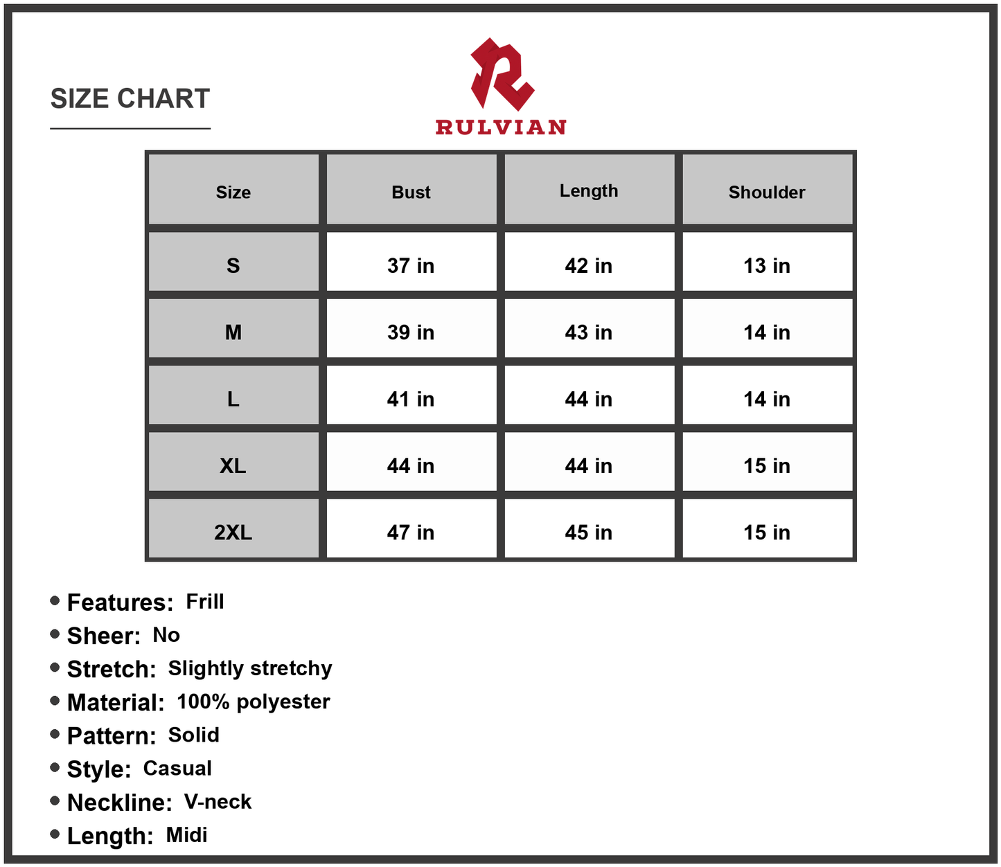 Size Chart - Women's Contrast V Neck Sleeveless Tiered Dress Midi Length Frill Neckline Casual Style Everyday Wear 100% Polyester