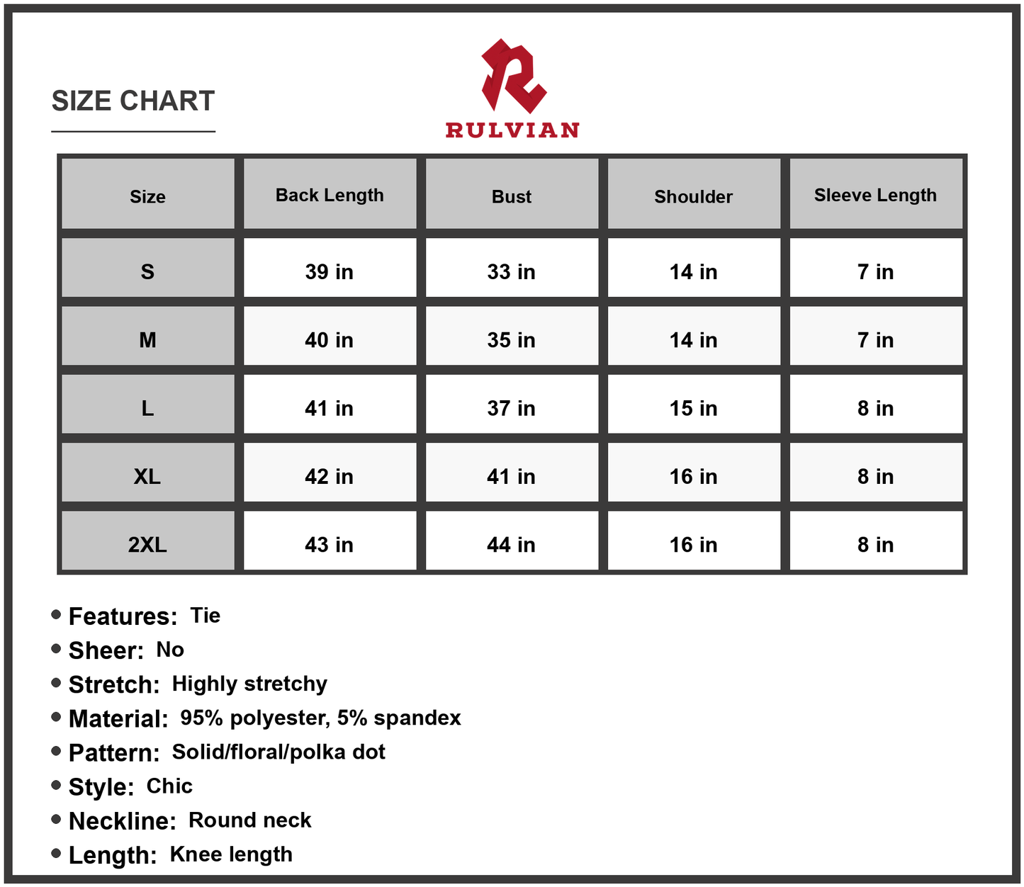 Size Chart - Women's Tie Waist Petal Sleeve Ruffle Hem Dress Round Neck Knee Length 95% Polyester 5% Spandex Casual Everyday