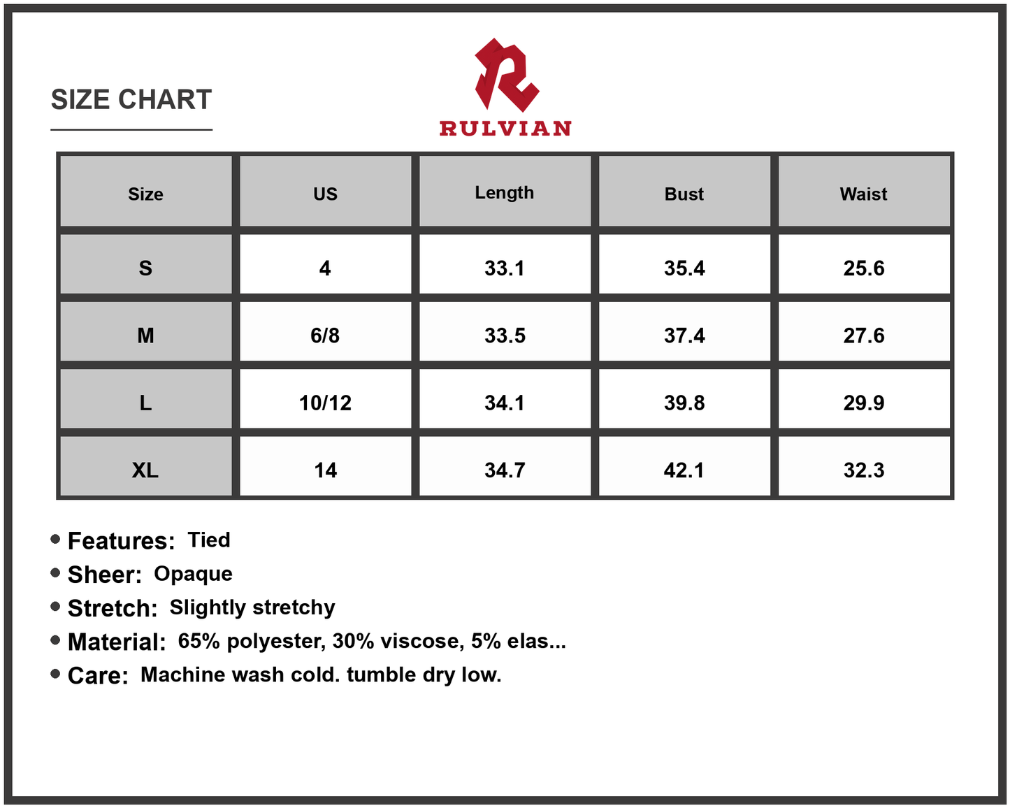 Size Chart - Women's Round Neck Short Sleeve Tie Waist Mini Tee Dress Belted Sheer Stretchy 65% polyester 30% viscose 5% elastane