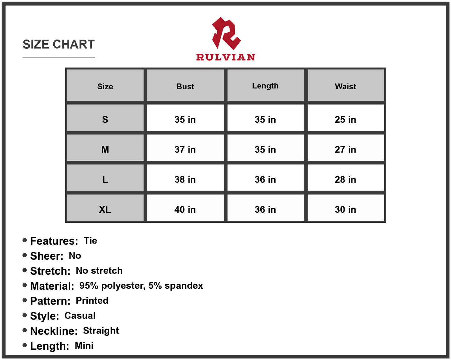 Size Chart - Women's Printed Tie Waist Ruffle Hem Sleeveless Dress Casual Mini Length 95% polyester 5% spandex Comfortable Fit
