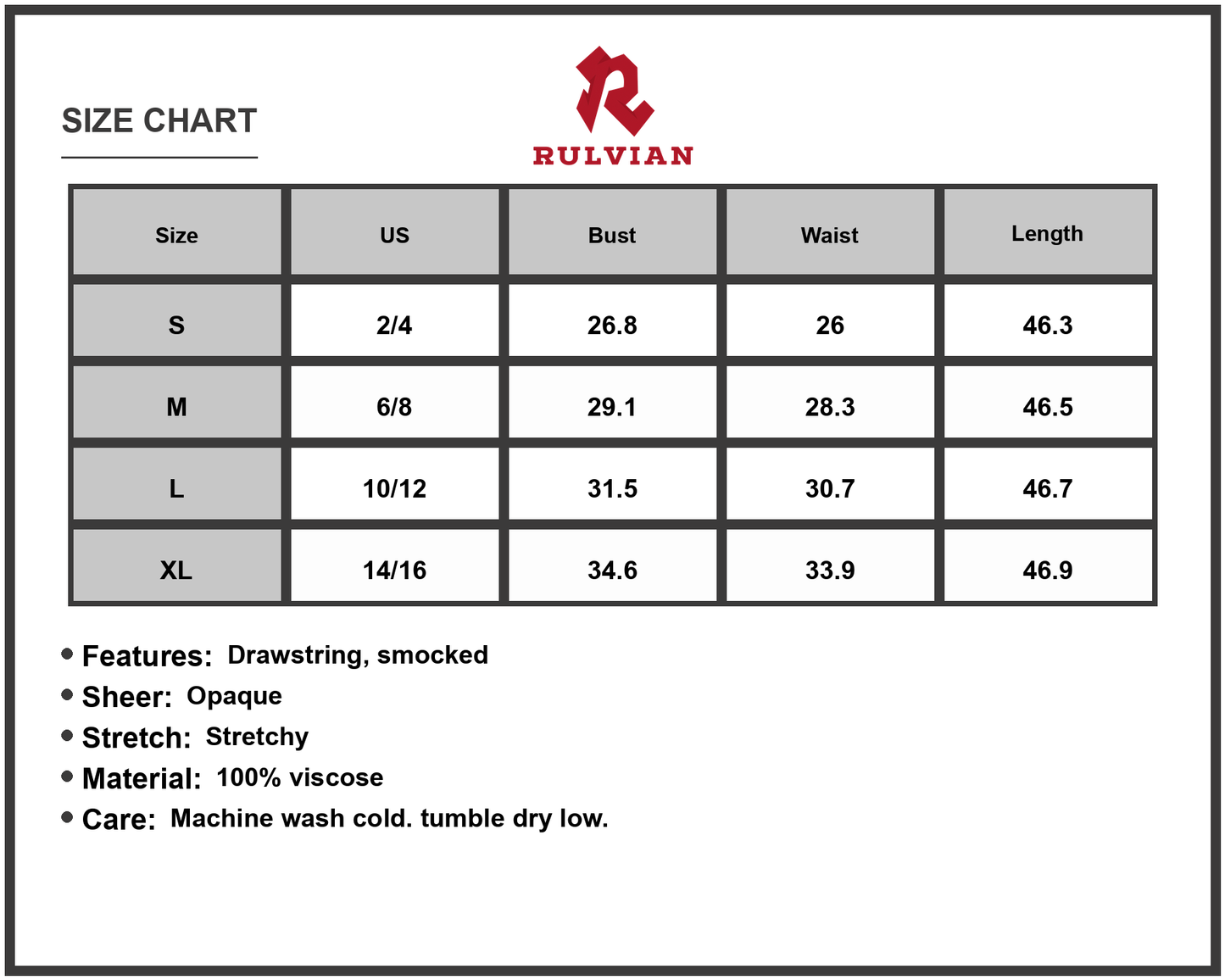 Size Chart - Women's Smocked Printed Square Neck Maxi Cami Dress with Drawstring and Stretchy Body Not Lined 100% viscose fabric