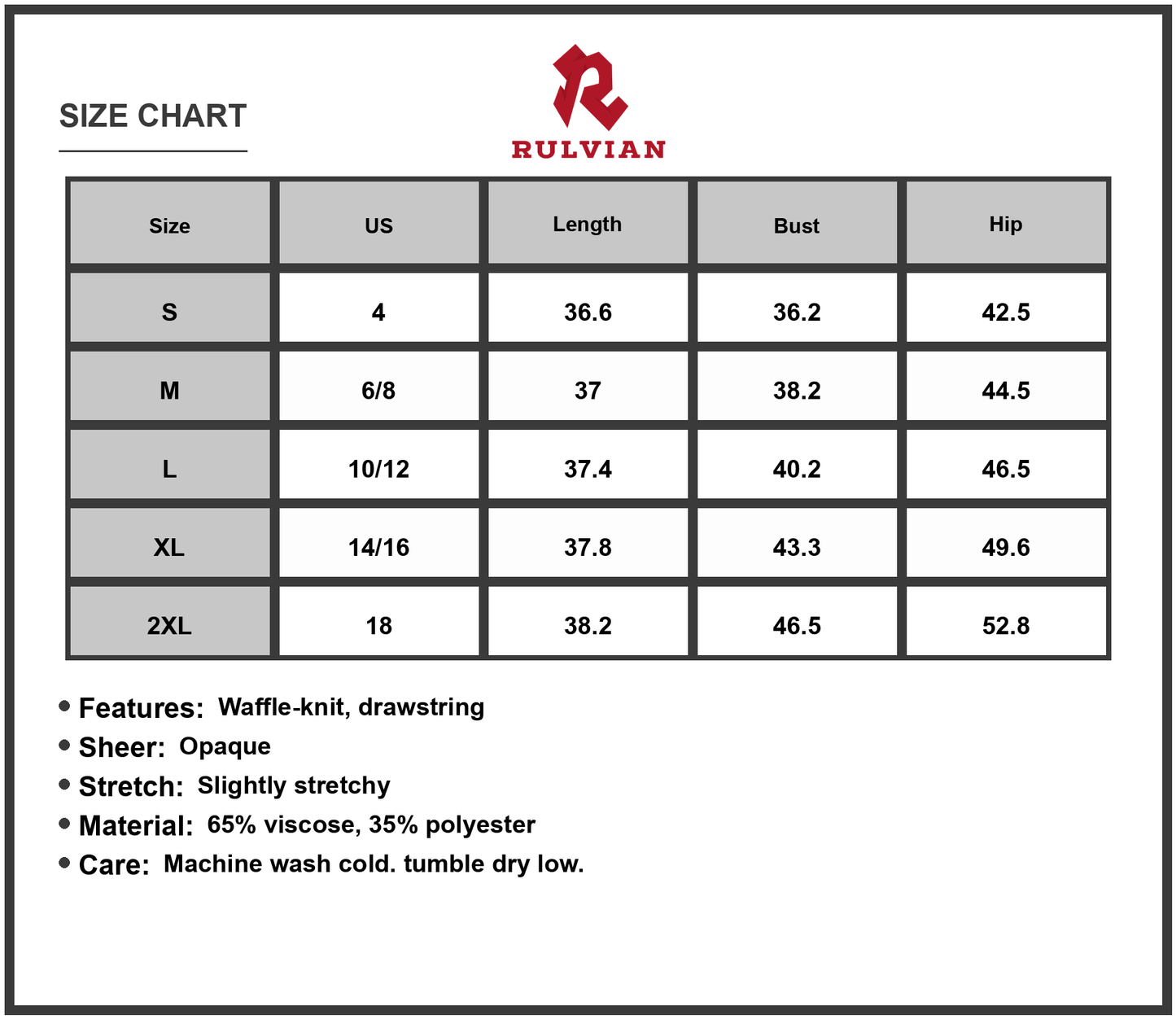 Size Chart - Women's Waffle Knit Drawstring Mini Tank Dress with Lined Body and Stretchy Soft fabric 65% Viscose 35% Polyester