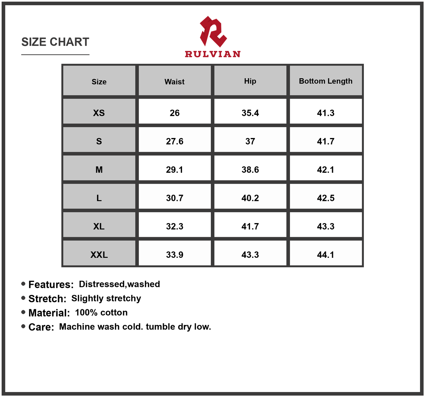 Size Chart - Mens Distressed Loose Fit Jeans Washed Slightly Stretchy Durable Denim Pants for Casual Everyday Wear Comfortable
