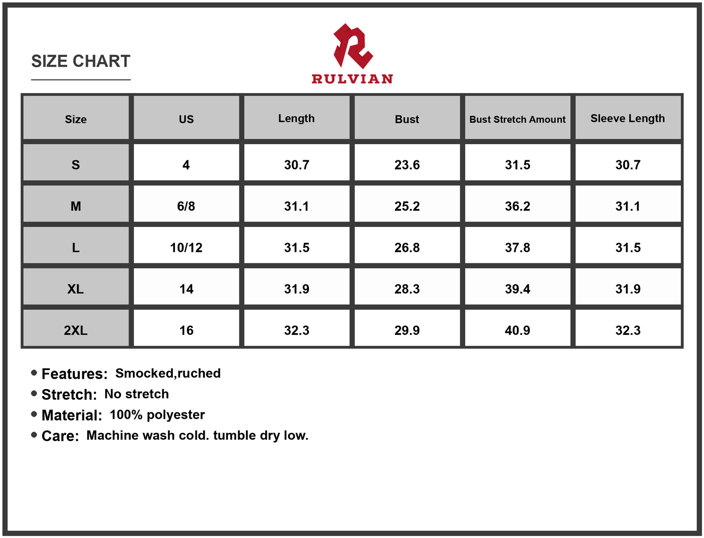 Size Chart - Women's Off Shoulder Smocked Summer Dress Polyester Fabric With Ruched Bodice Flowing Silhouette For Warm Weather