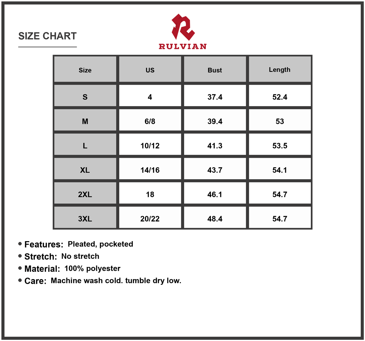 Size Chart - Women's Pleated Round Neck Maxi Dress 100% Polyester Plus Size Full Length Evening Gown Lightweight Easy Care
