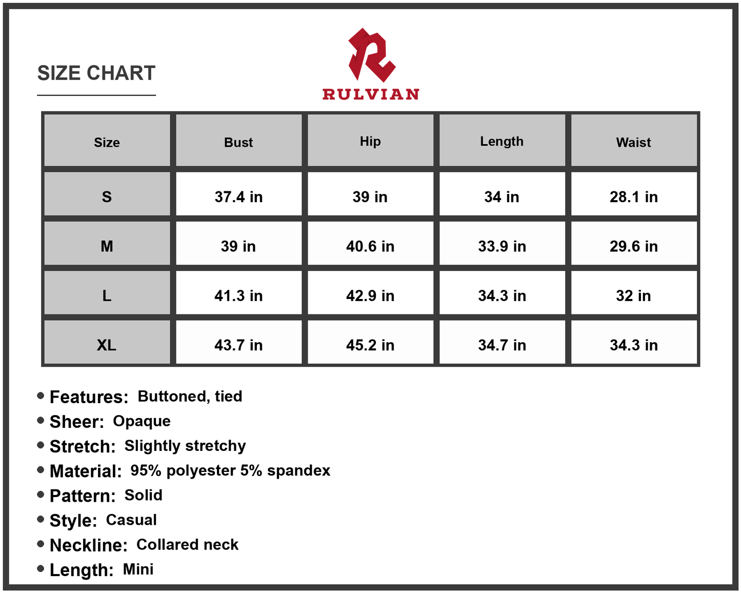 Size Chart - Women's Button Down Ruched Tie Belt Dress with Collared Neck Short Sleeve Mini Length and 95% Polyester 5% Spandex