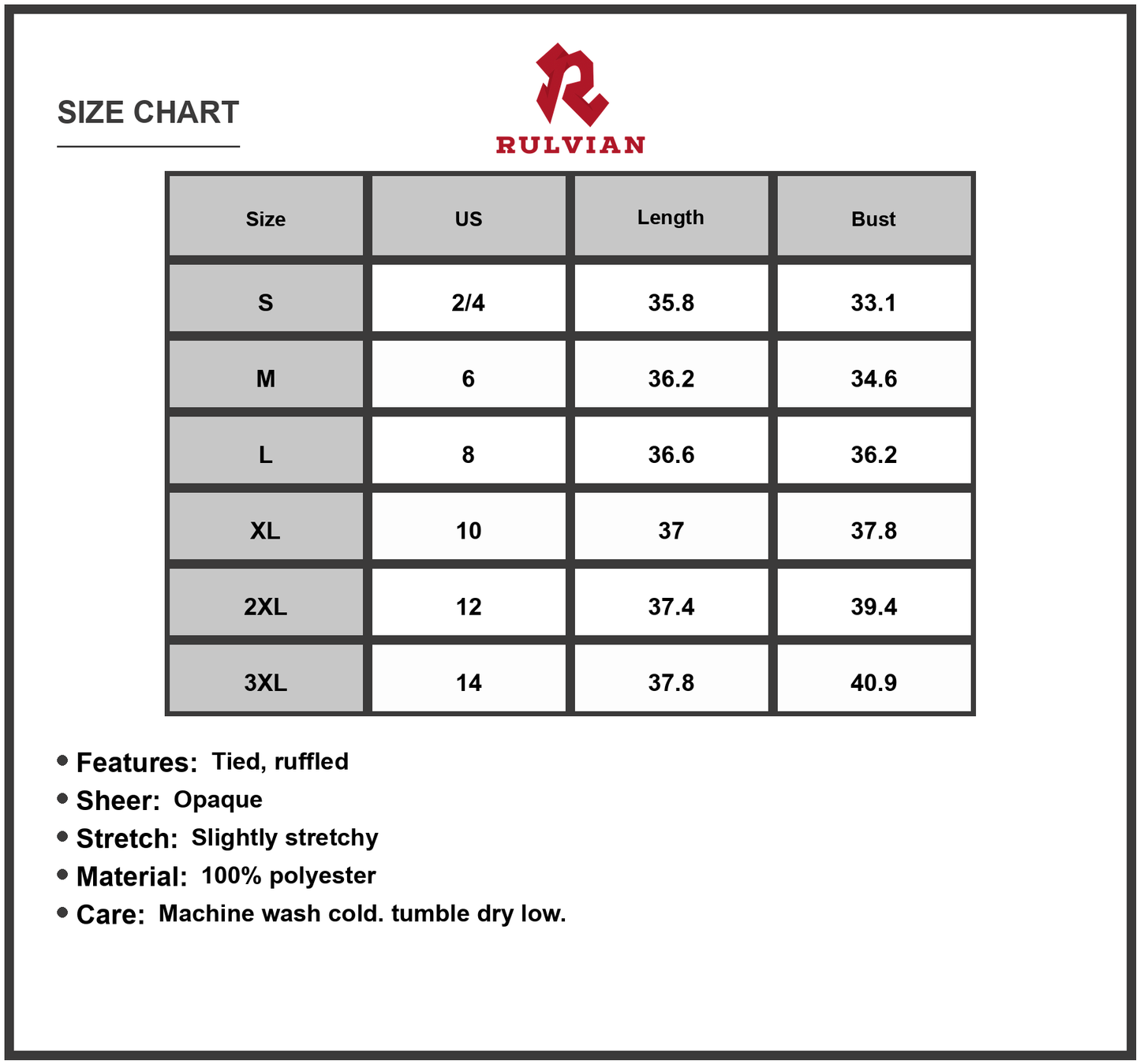Size Chart - Women's Full Size Ruffled Surplice Cap Sleeve Dress in 100% Polyester Fabric Lined Machine Wash Cold Tumble Dry Low