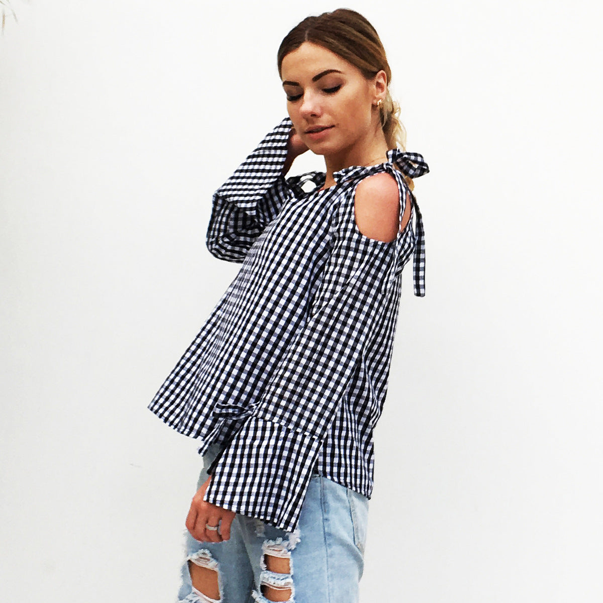 Men's Plaid Long Sleeve Bow Shirt With Lace Up Details Round Neck Casual Cotton Fabric Hundred Percent Cotton