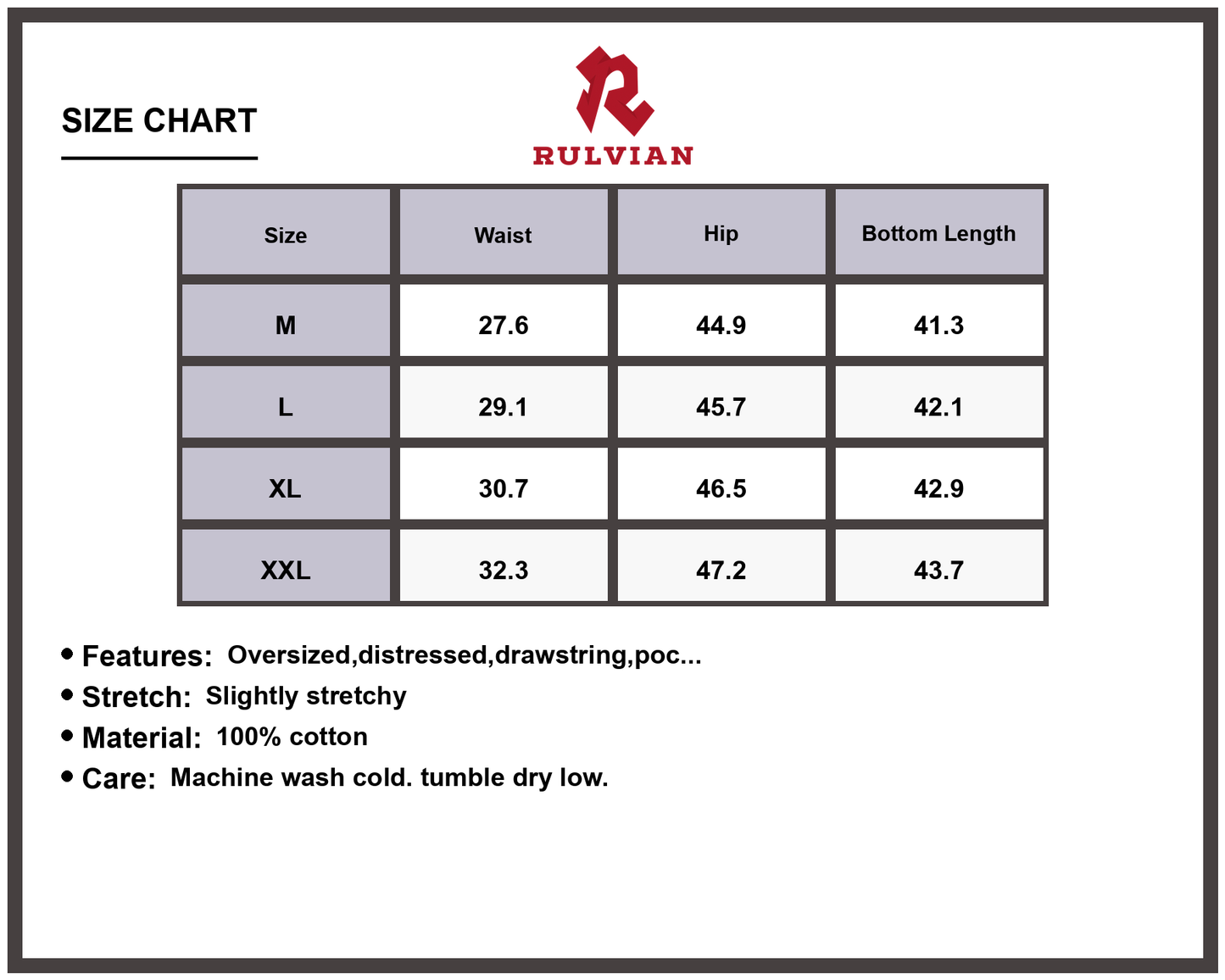 Size Chart - Men's Drawstring Cargo Jeans Oversized Distressed Pocketed Washed Premium Durable Versatile Everyday Relaxed Fit Apparel