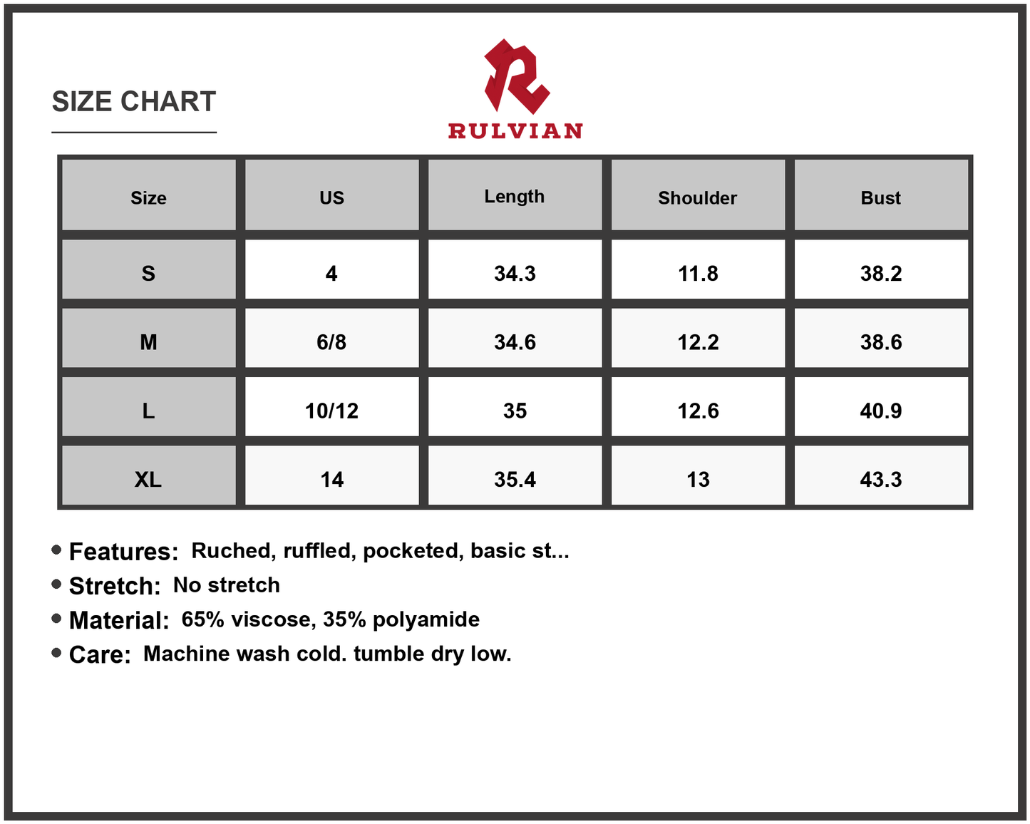 Size Chart - Women's Ruffled Mock Neck Cap Sleeve Mini Dress with Ruched Front and Pocket Details 65% viscose 35% polyamide