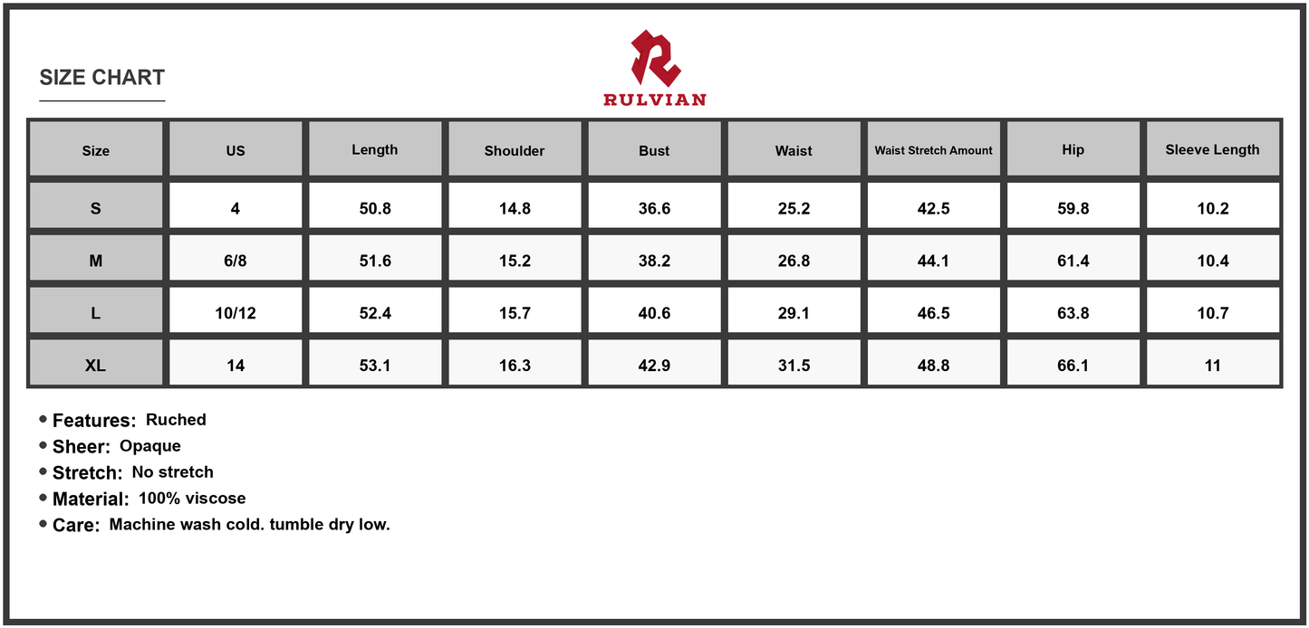 Size Chart - Women's Ruched Printed Flounce Sleeve Midi Dress with viscose % fabric drape and opaque body for everyday elegance