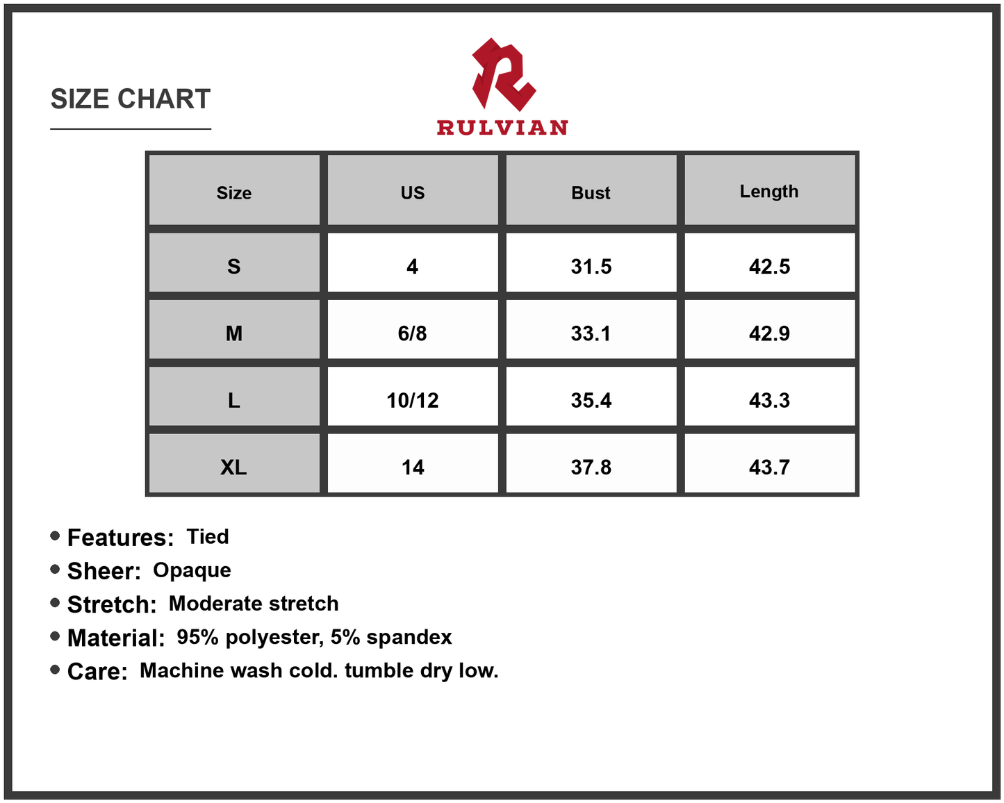 Size Chart - Women's Surplice Tie Waist Long Sleeve Midi Dress 95% Polyester 5% Spandex Opaque Stretch Elegant Everyday Wear