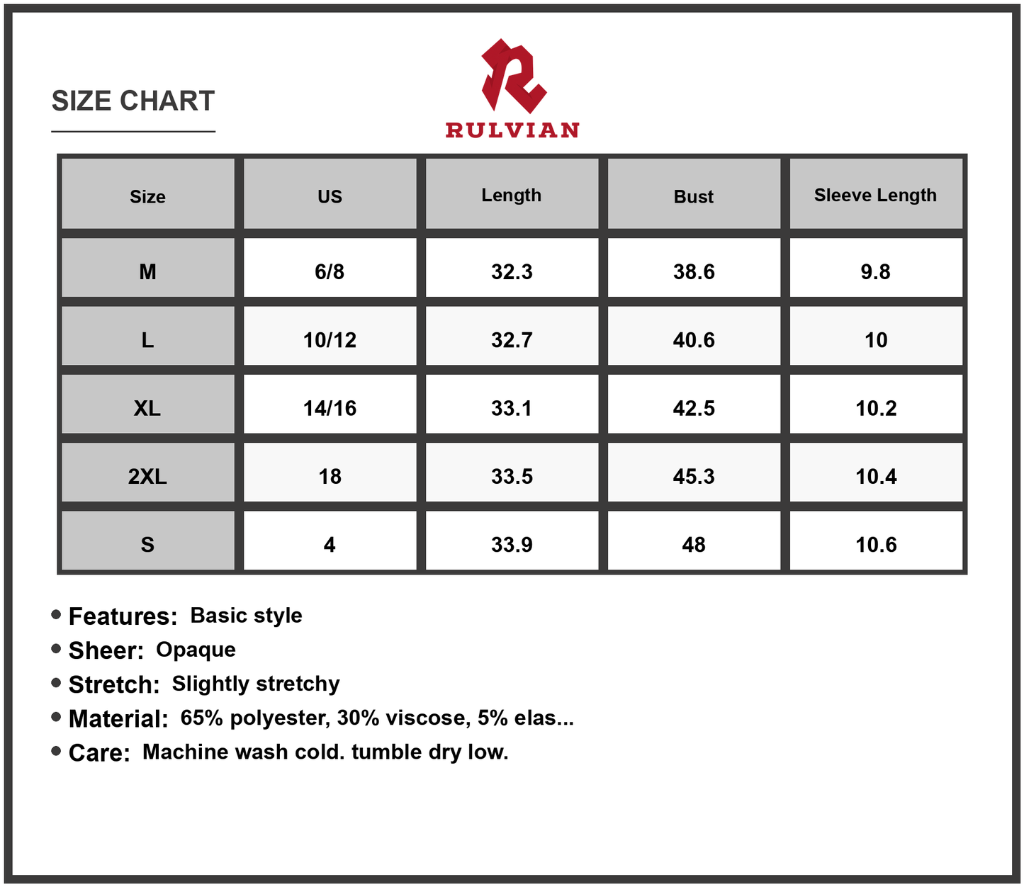 Size Chart - Women's Textured Round Neck Short Sleeve Mini Dress with Subtle Sheen and Stretch 65% polyester 30% viscose 5% elastane