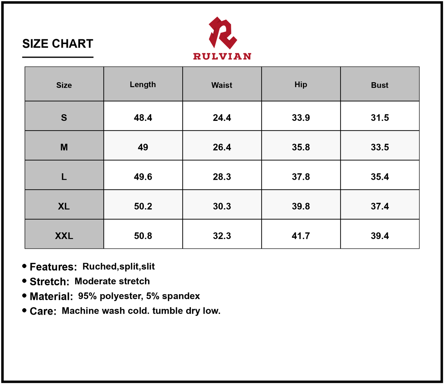 Size Chart - Men's Surplice Long Sleeve Dress with Ruched Split and Slit Stretch Not Lined 95% Polyester 5% Spandex Machine Wash