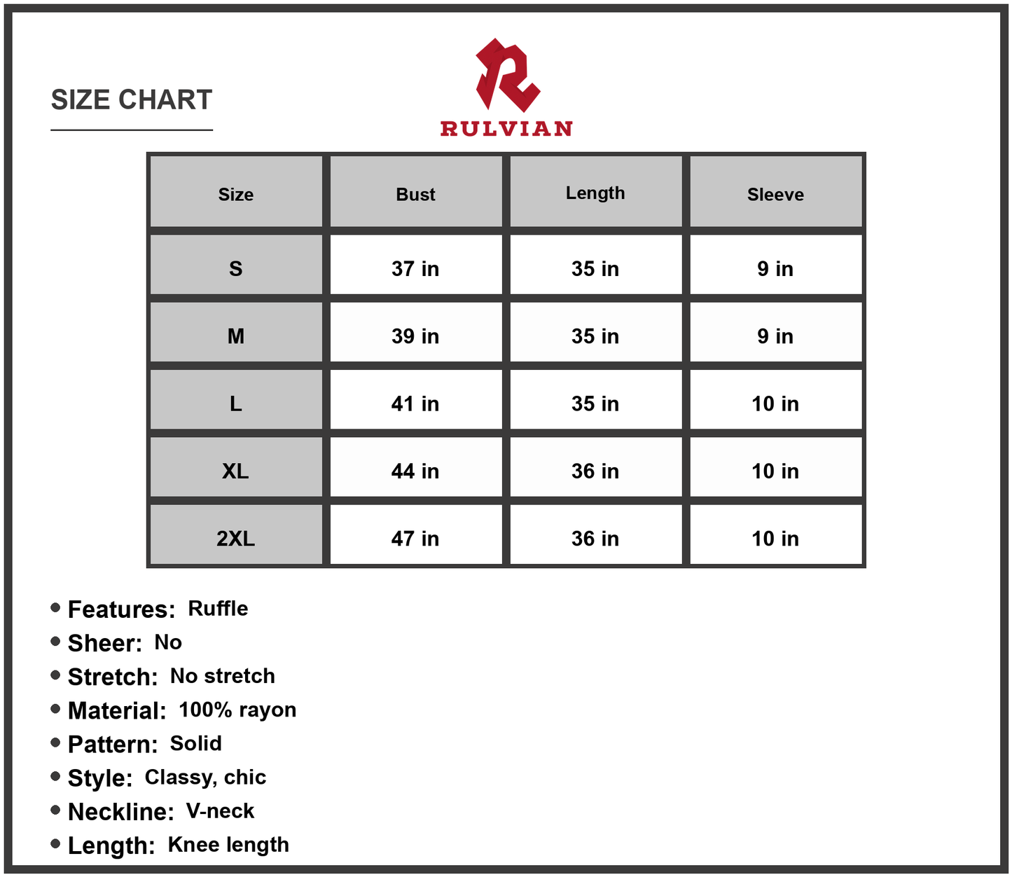 Size Chart - Women's Mandy V Neck Flounce Sleeve Tiered Dress Knee Length Elegant Chic Choice for Any Daytime Occasion 100% rayon