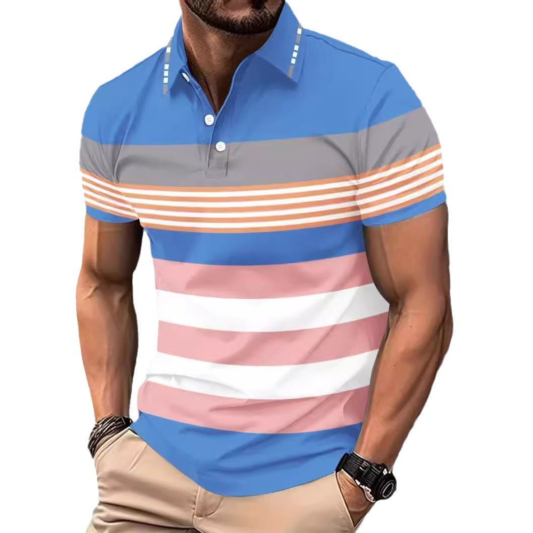 Men's Color Block Digital Printing Button Short Sleeve Top Made With Sky Blue Polyester Fabric for Everyday Wear