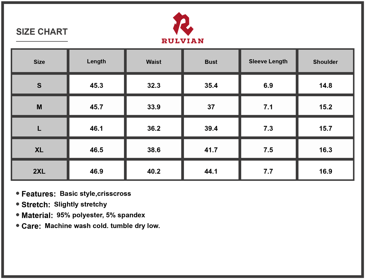 Size Chart - Women's V Neck Short Sleeve Midi Dress with Crisscross Stretch Silhouette 95% polyester 5% spandex versatile style