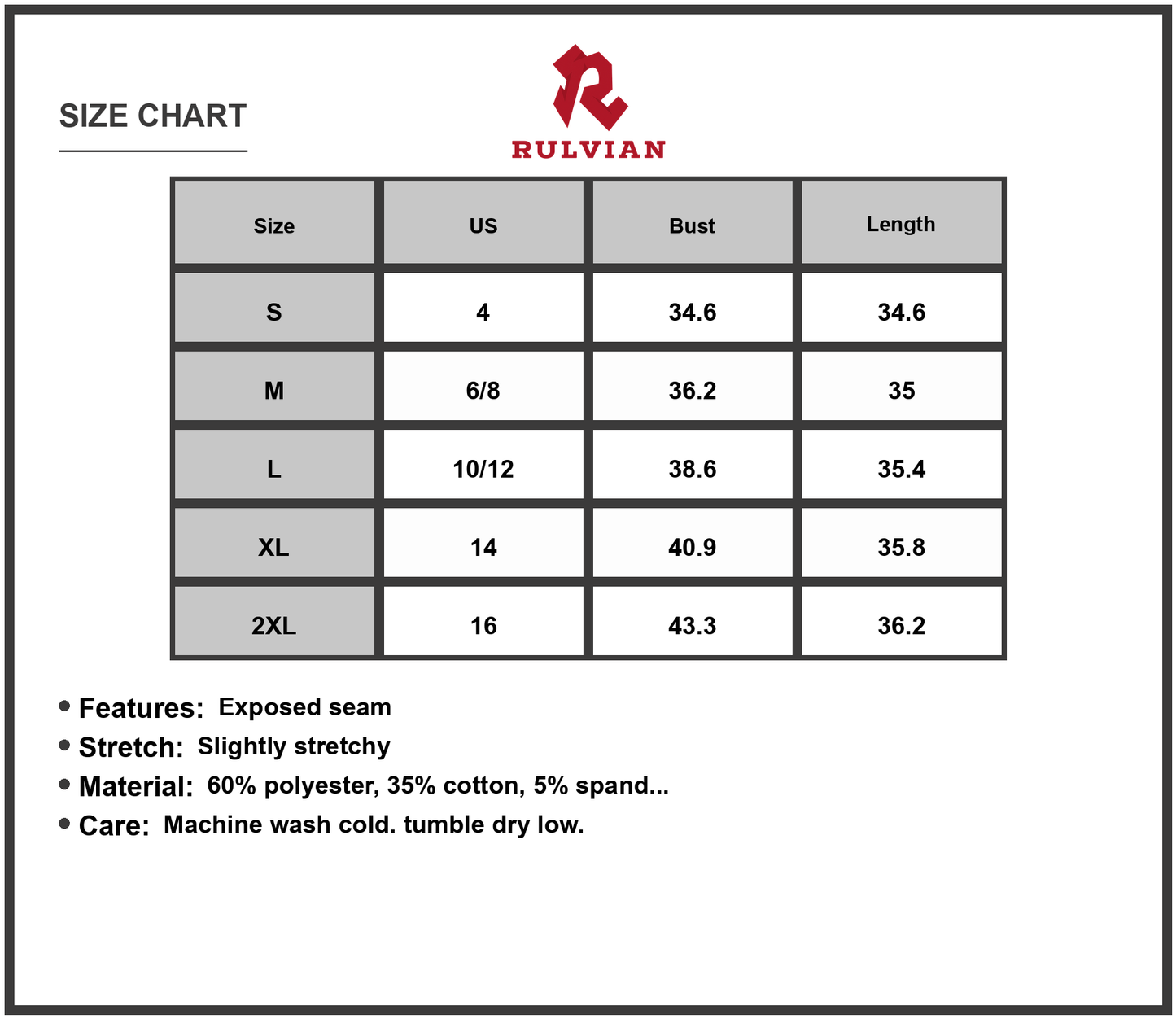 Size Chart - Women's Exposed Seam Short Sleeve Mini Tee Dress with 60% Polyester 35% Cotton 5% Spandex for Stretch and Comfortable