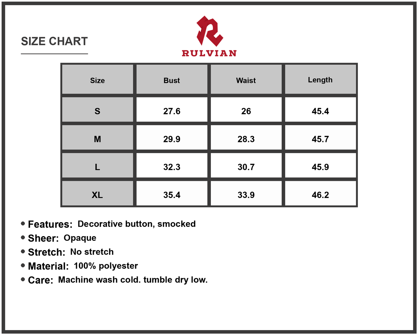 Size Chart - Women's Smocked Spaghetti Strap Ruffle Hem Dress 100% Polyester Lightweight Dress Feminine and Flowy Occasion Ready