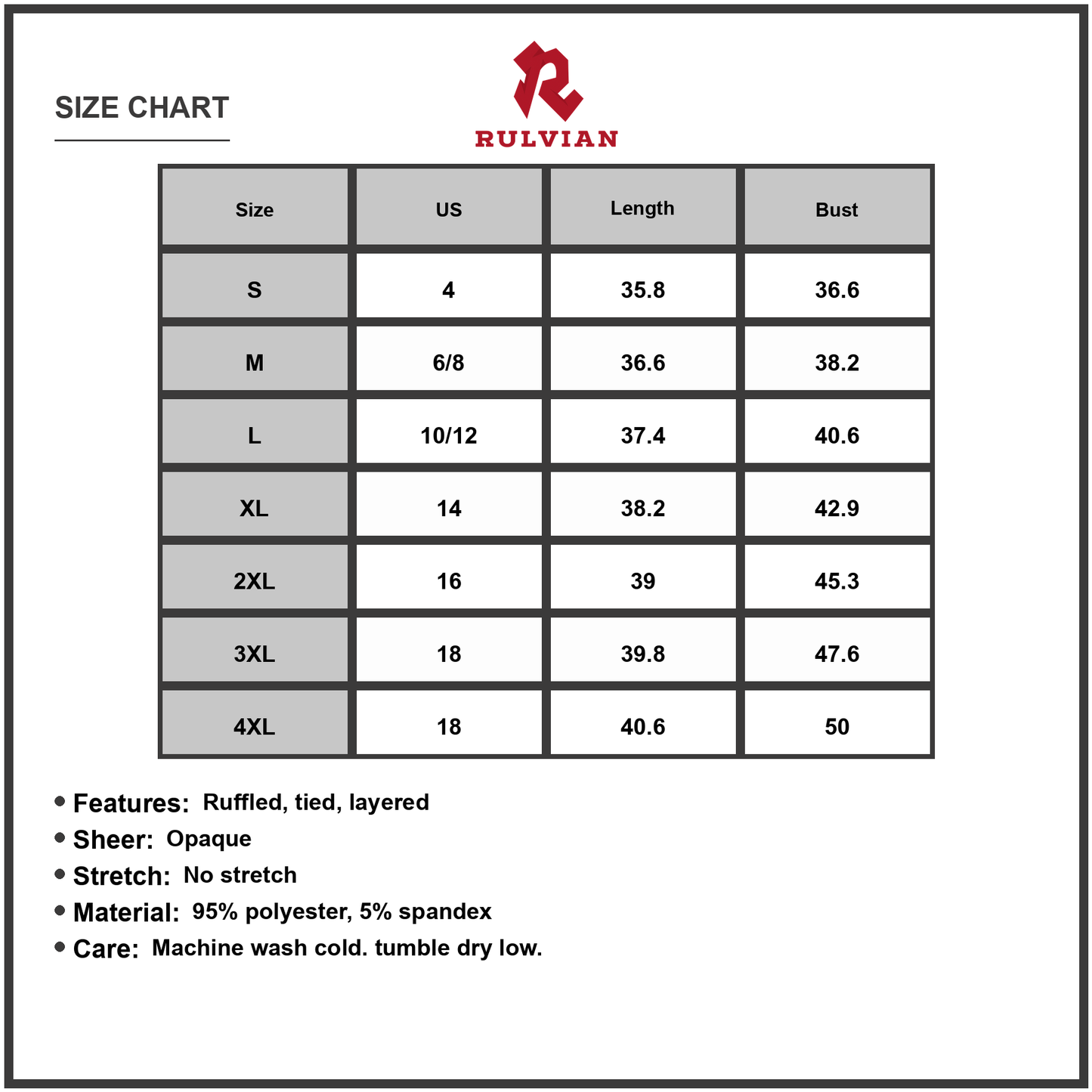 Size Chart - Women's Full Size Ruffled Mini Dress with Tie Front Sheer Overlay Ninety Five Percent Polyester Five Percent Spandex