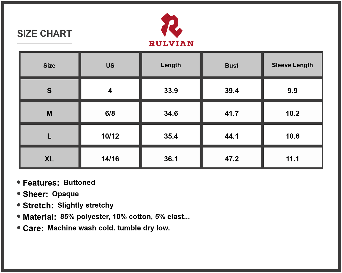 Size Chart - Women's Collared Neck Buttoned Patchwork Short Sleeve Mini Dress for Daily Wear 85% Polyester 10% Cotton 5% Elastane