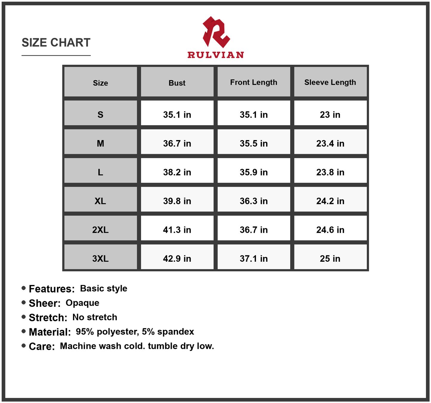 Size Chart - Women's Full Size Christmas Long Sleeve Dress for Holiday Party with Classic Silhouette 95% Polyester 5% Spandex Fabric