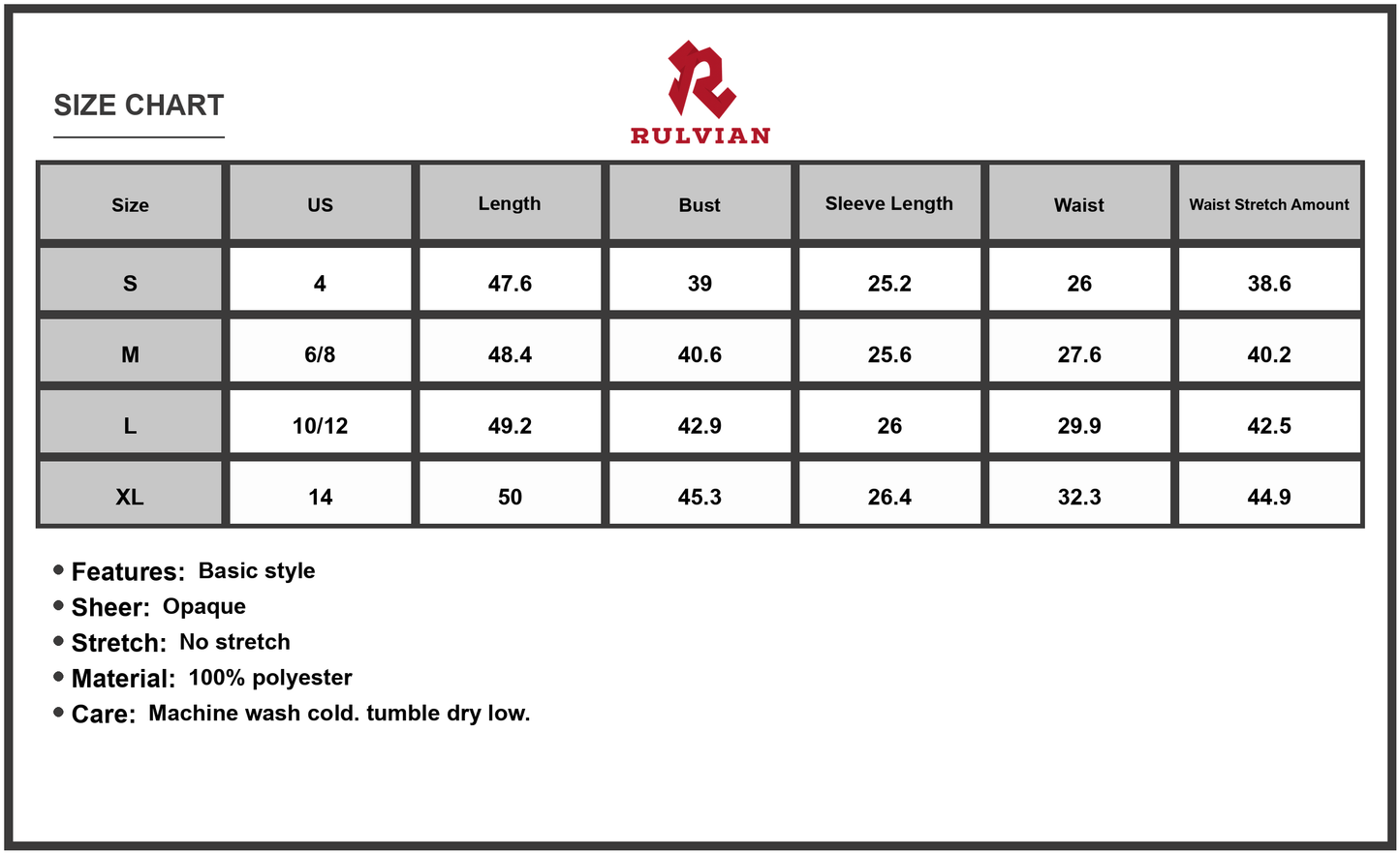 Size Chart - Women Printed Surplice Long Sleeve Midi Dress 100% Polyester Elegant Design for Everyday Wear Soft Comfortable Fit