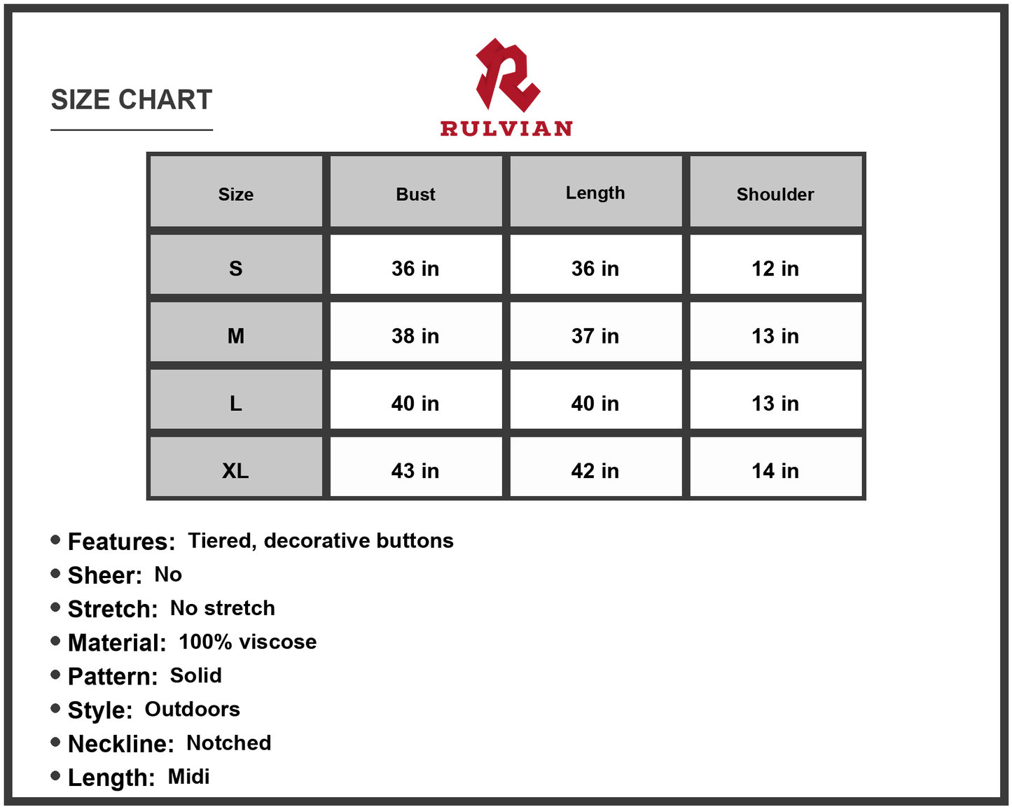 Size Chart - Women's Sleeveless Notched Midi Tiered Dress with Decorative Buttons for Everyday Casual Look in Viscose % Fabric