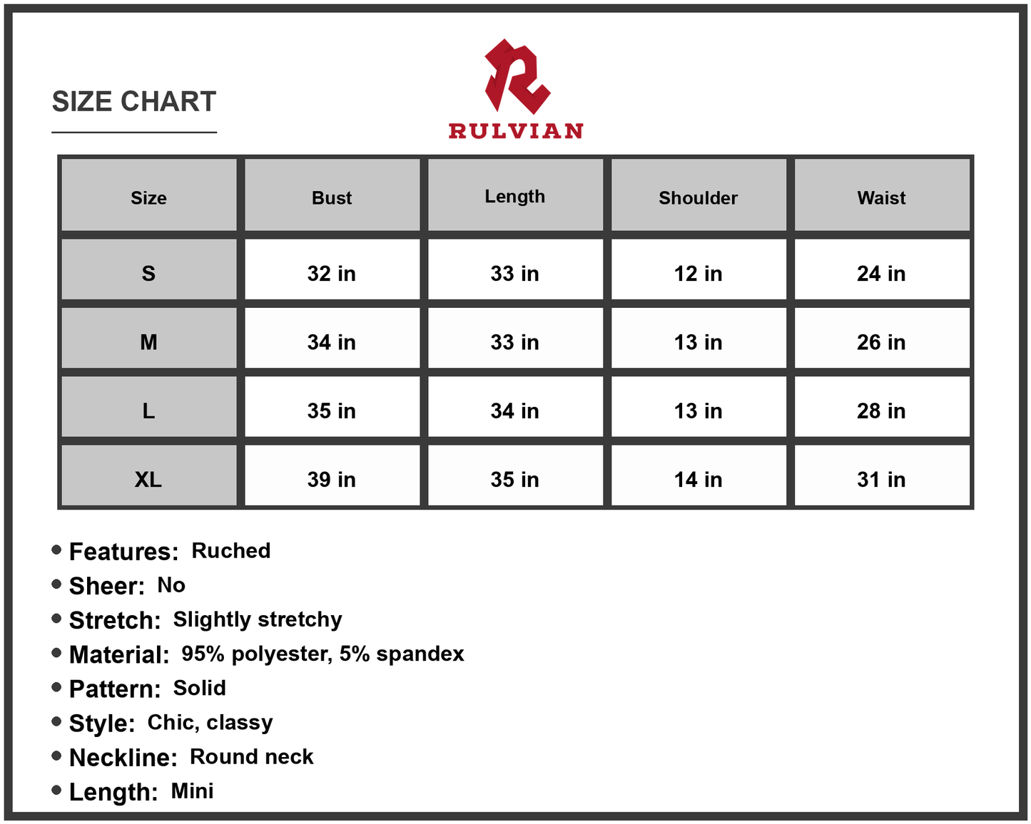 Size Chart - Women's Full Size Twist Front Tulip Hem Dress Chic Casual Sleeveless Mini Round Neck Ruched Ninety five percent Polyester