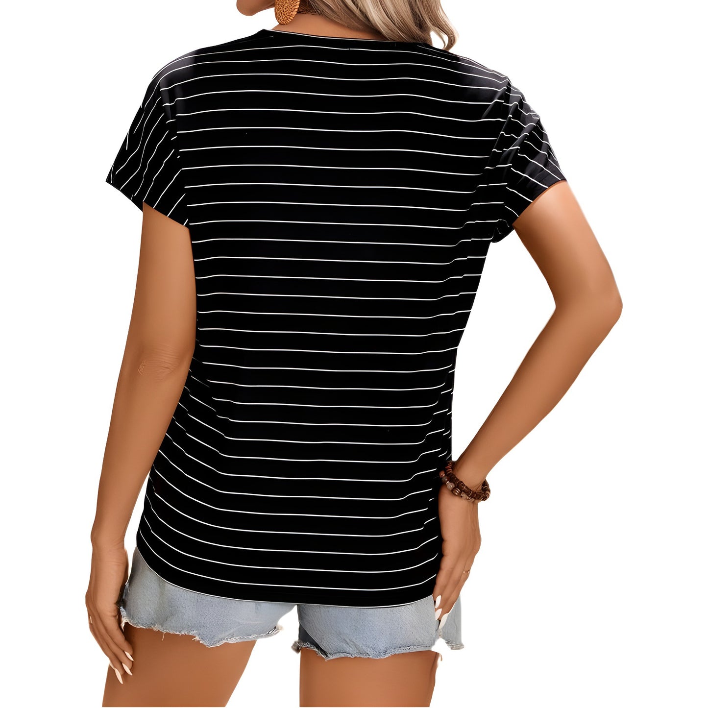 Womens European And American Stitching V Neck Striped Casual Top T Shirt Polyester 100% Comfy Everyday Wear