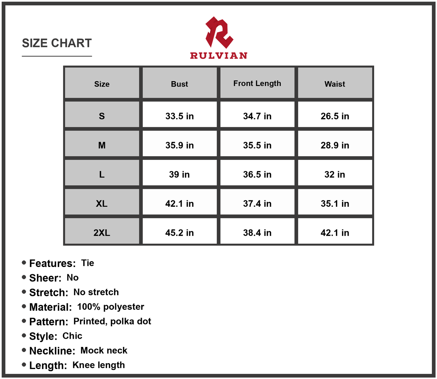 Size Chart - Women's Printed Tie Waist Frill Trim Dress with Mock Neck Sleeveless Knee Length Polka Dot A line 100% polyester Fabric