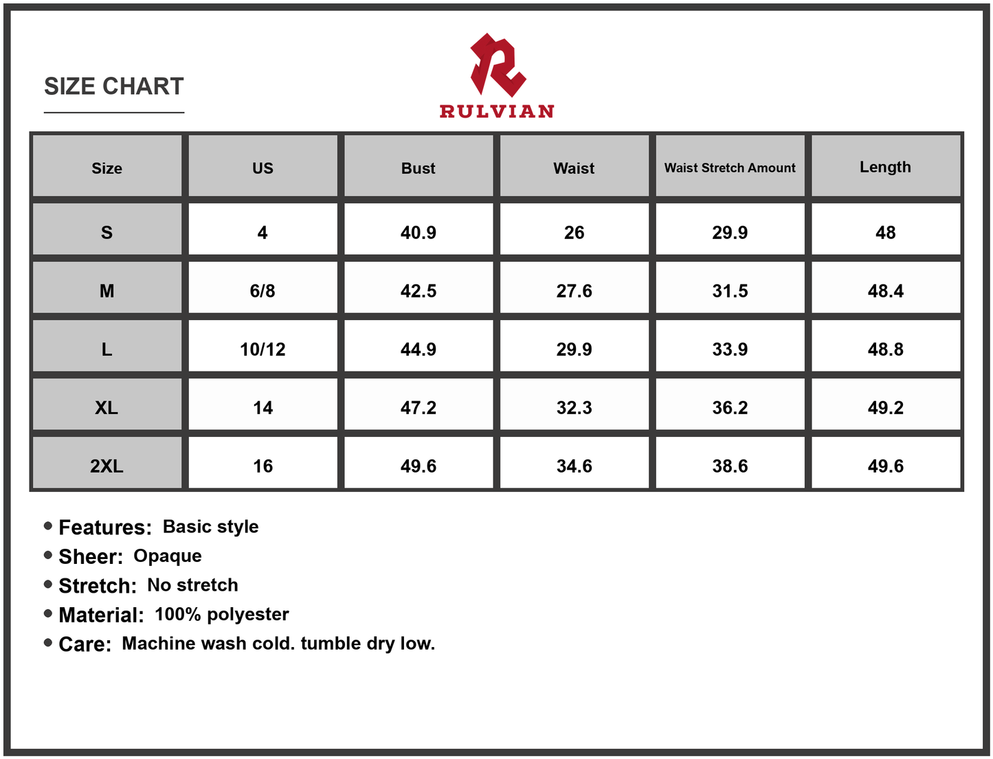 Size Chart - Women's Single Shoulder Midi Dress 100% Polyester Fabric with Basic Style and Opaque Look for Everyday and Parties