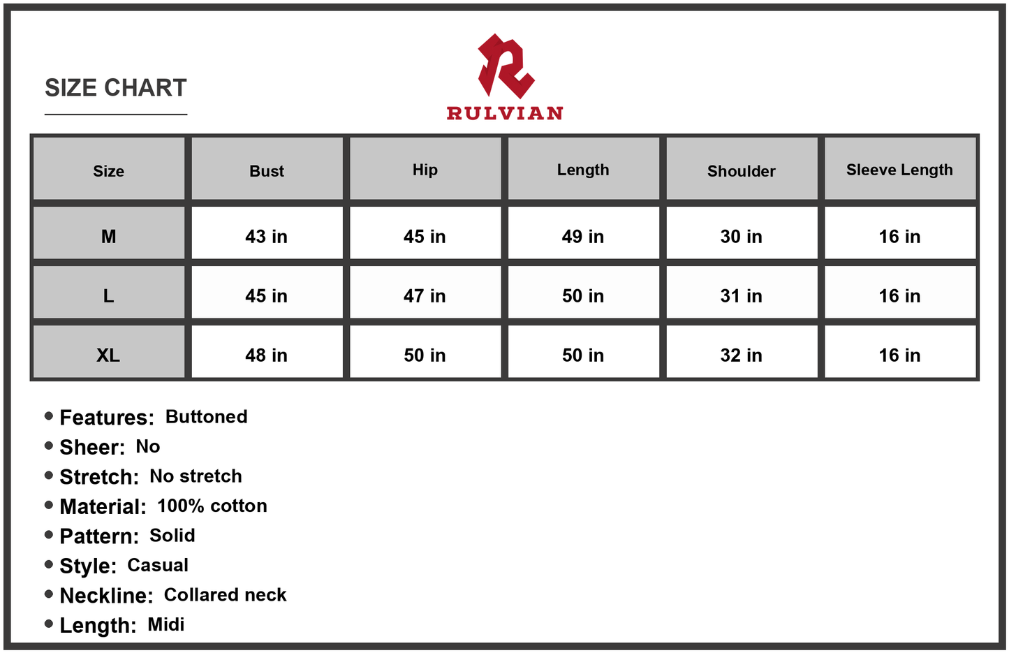 Size Chart - Men's Button Front Textured Slit Shirt Dress in Cotton Fabric 60% Cotton Midi Length Collared Neck Long Sleeve Casual