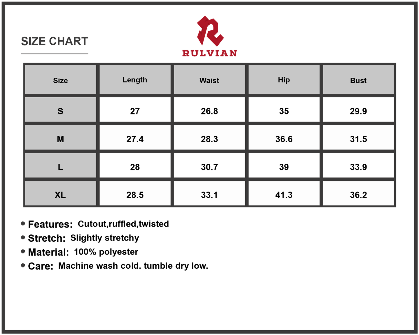 Size Chart - Women's Cutout Ruffled Hem Cami Dress with Twisted Stretch Bodice Sleeveless Feminine Silhouette 100% Polyester Fabric