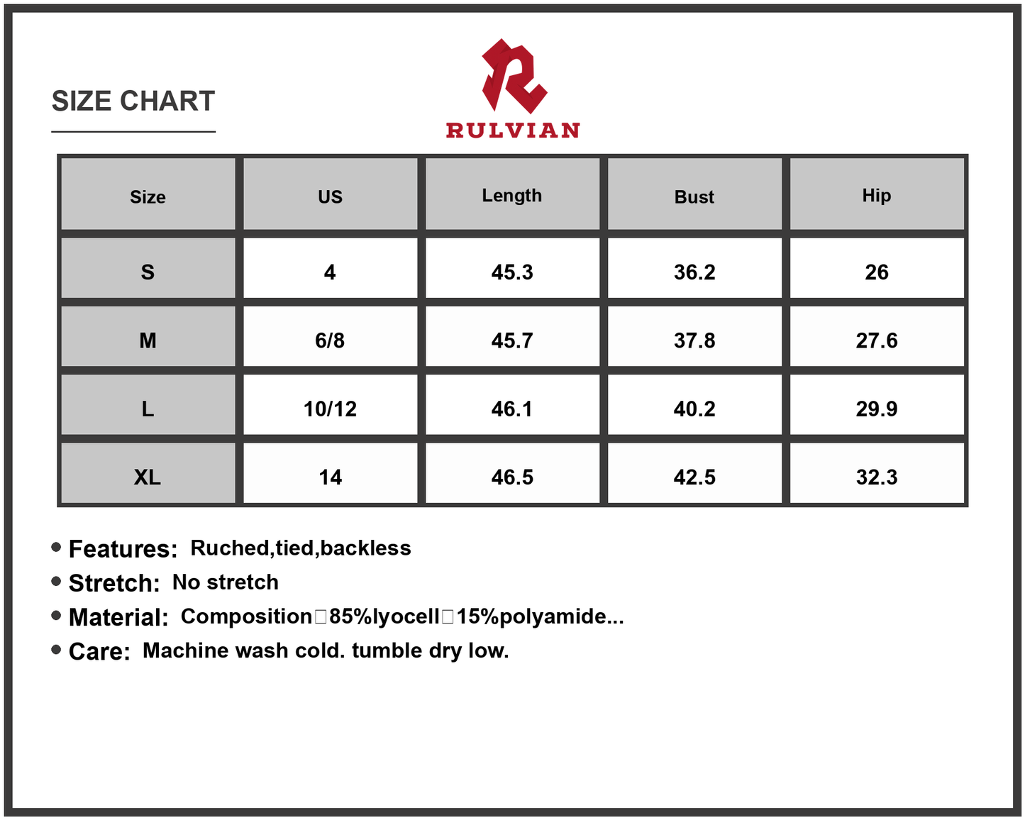 Size Chart - Women's Texture Sweetheart Neck Backless Cami Dress with Ruched Ties Bodice and Lining Lyocell 85% Polyamide 15%