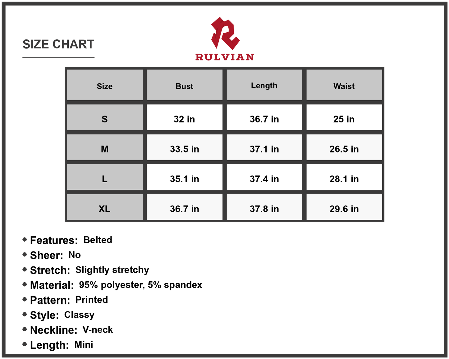 Size Chart - Women's Printed V-Neck Tie Waist Mini Dress Belted Sleeveless Spaghetti Strap A-Line 95% polyester 5% spandex