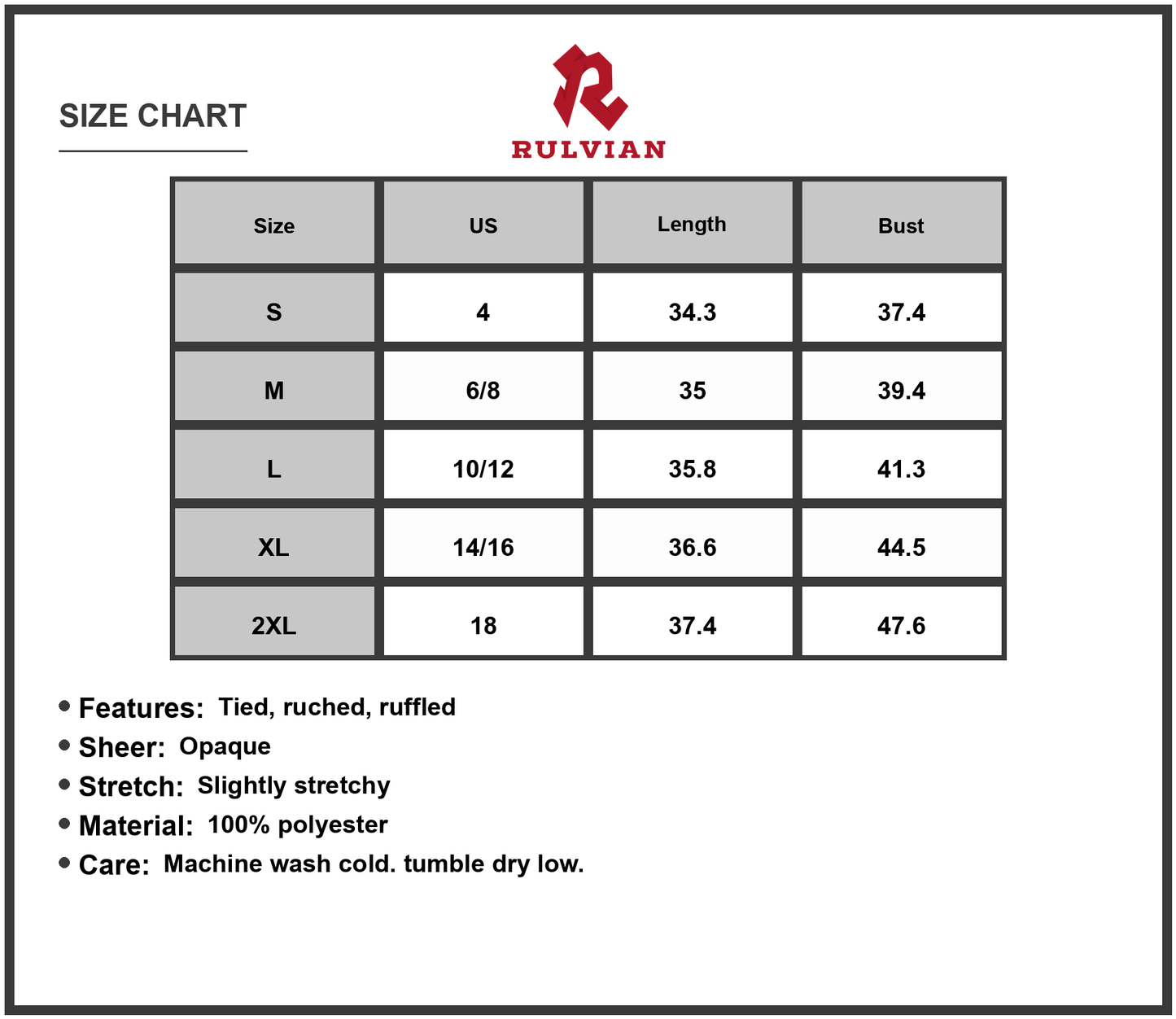 Size Chart - Women's tied back ruched ruffled tank dress with sheer yet opaque stretch 100% Polyester fabric for stylish warm days